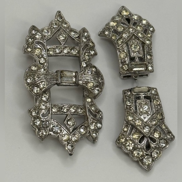 Antique Art Deco Double Dress Clip Clear Rhinestone Brooch - Picture 5 of 15